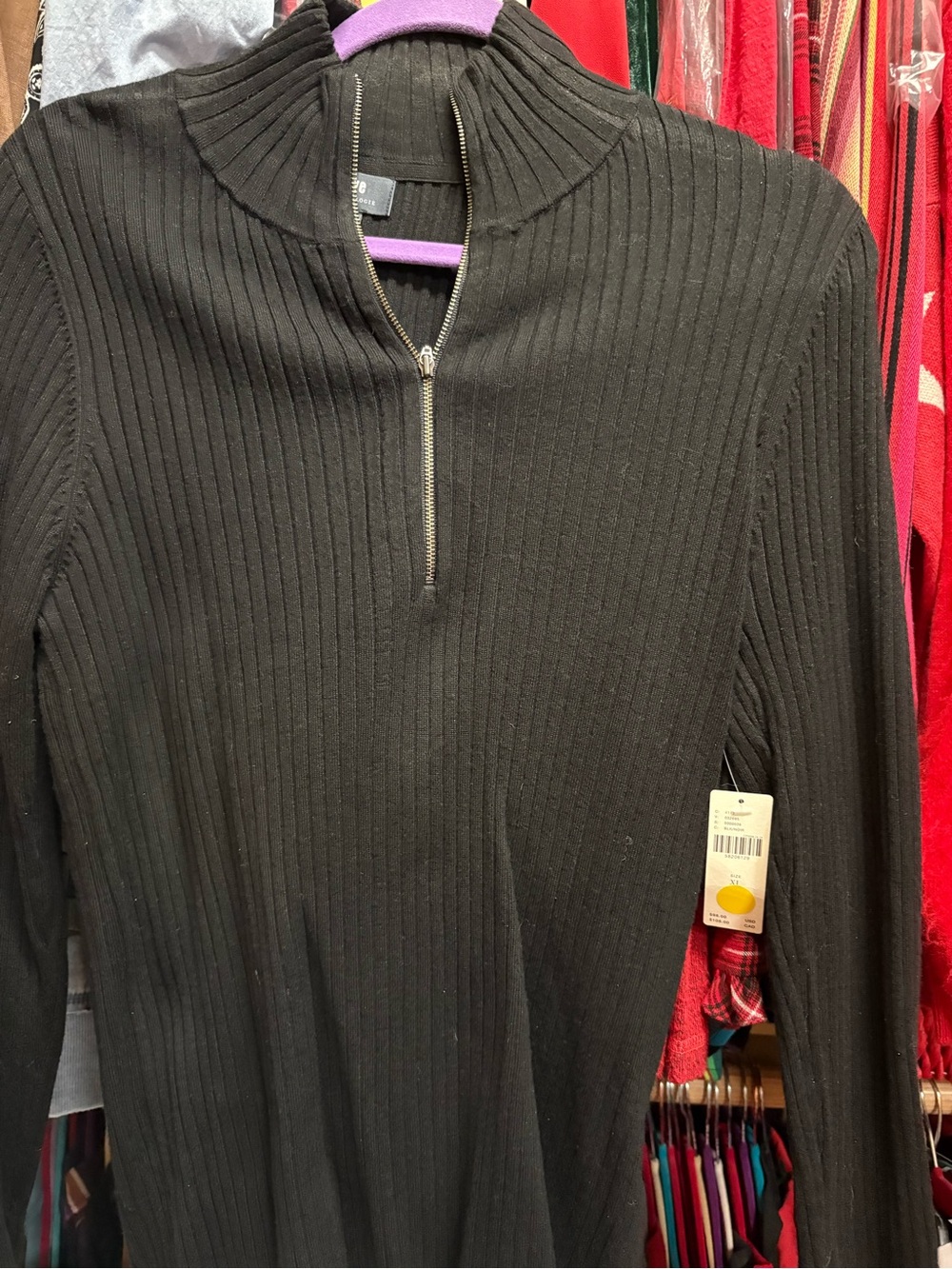 Mauve Black Ribbed V-Neck Sweater with Half Zip